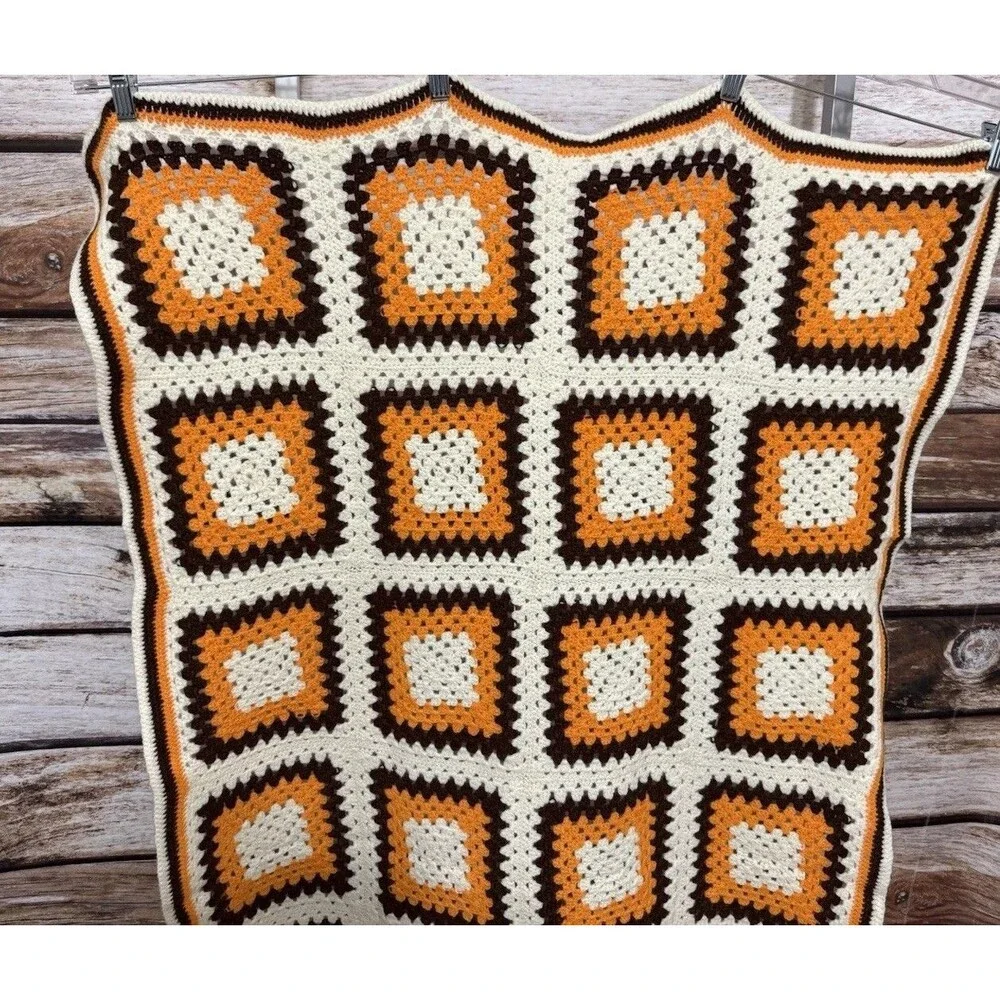 Granny Square Crocheted Afghan Blanket MCM Orange Cream Brown 31.5x57.5